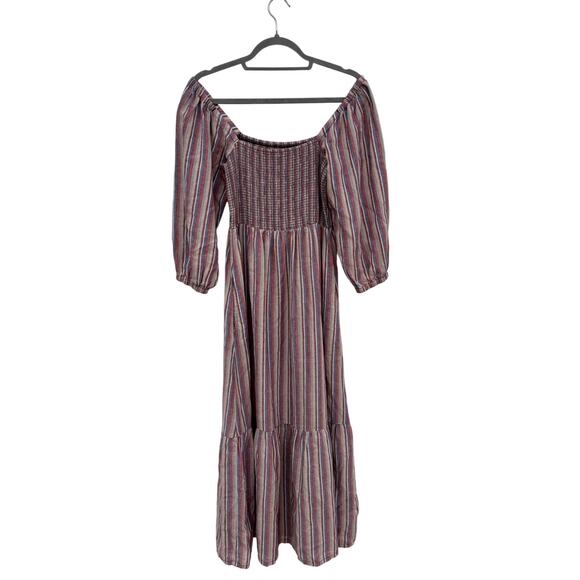 Marine Layer Striped Off The Shoulder Smocked Midi Dress, 3/4 Sleeves,‎ Sz S - Picture 1 of 8